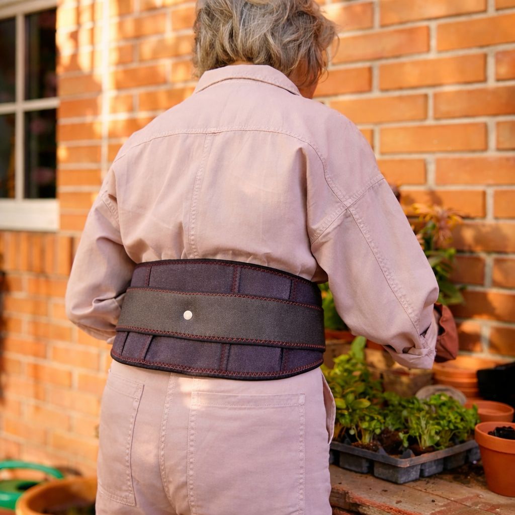Woman wearing the Therabelt by Revivella back support belt while gardening outdoors.
