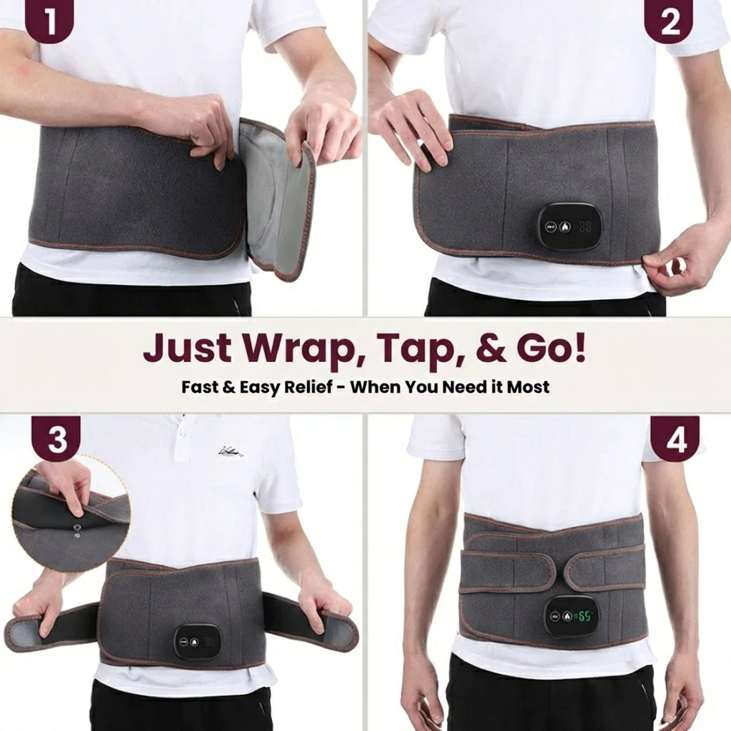 Step-by-step demonstration of using Therabelt wearable heating and vibration therapy belt for lower back pain relief and relaxation
