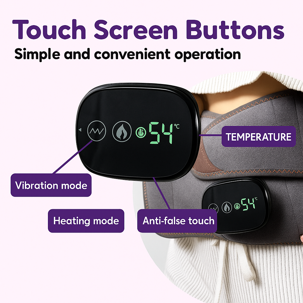 Digital device with touch screen buttons displaying temperature and mode options, used on a heating pad.