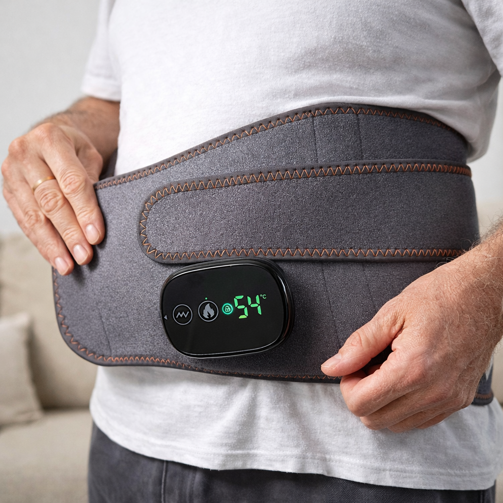Man wearing Therabelt heated red light therapy and vibration massage belt for lower back pain relief and daily comfort