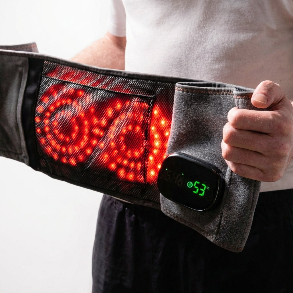 Close-up of Therabelt infrared red light therapy belt showing heated massage pads for lower back pain relief and muscle relaxation