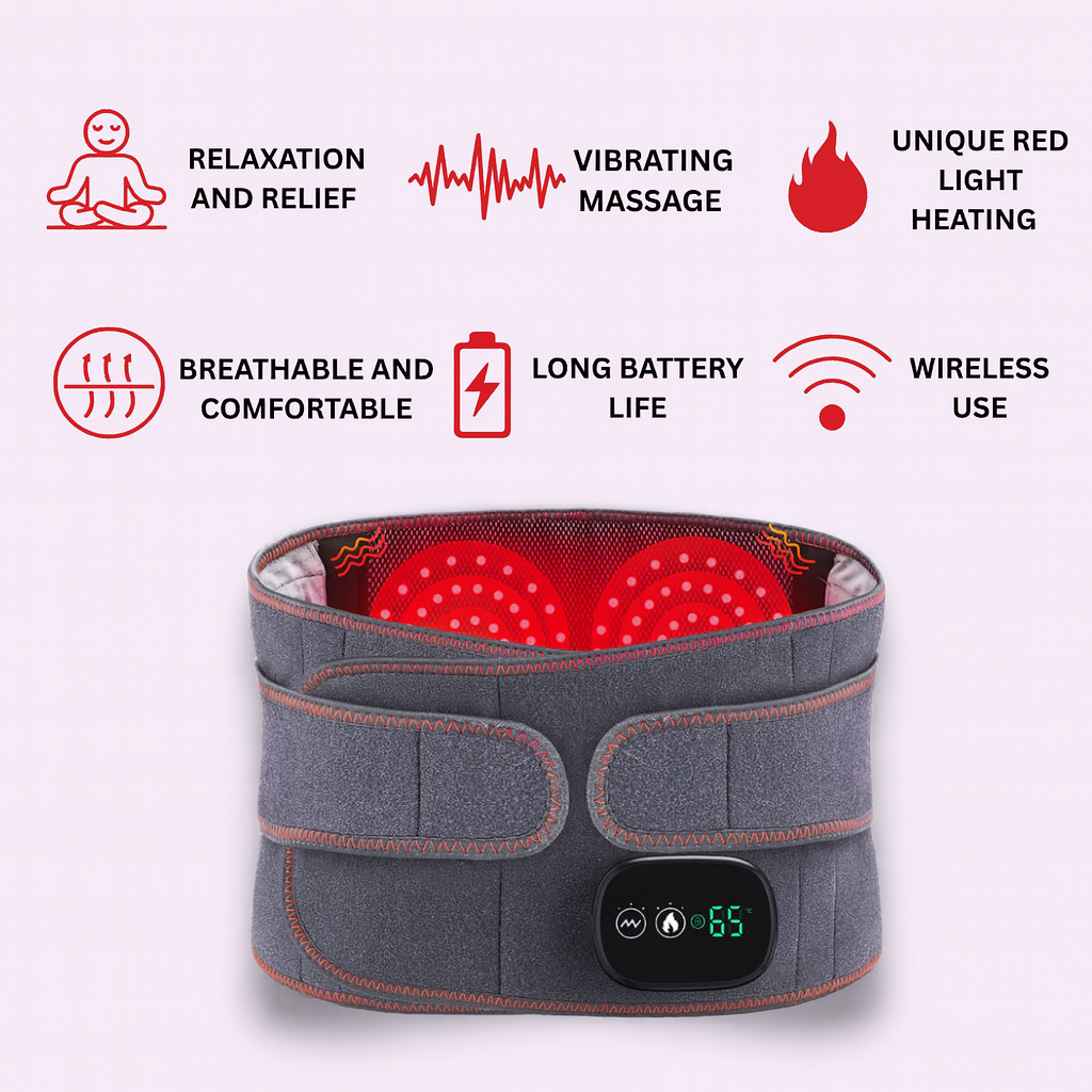 Therabelt wearable red light therapy belt with heat and vibration massage for back pain relief, relaxation, and muscle recovery