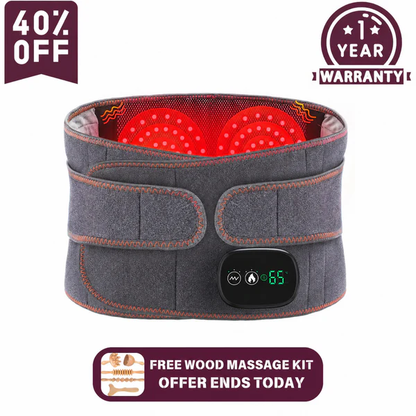 Product shot of the Therabelt showing active red heating zones, featuring badges for a 1-year warranty and a 40% discount.