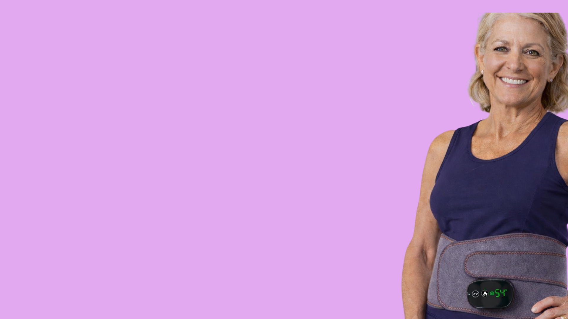 Smiling woman wearing the Therabelt lower back wrap against a purple background with the headline: Engineered for comfort. Designed for relief.