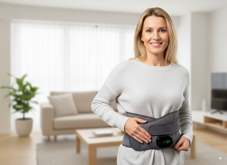 Smiling woman wearing the Therabelt heating pad in a bright living room