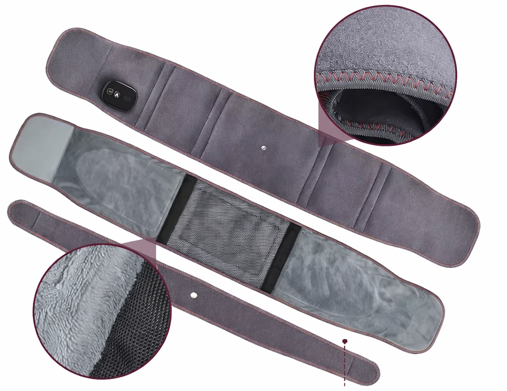 Product breakdown of Therabelt by Revivella showing the gray heated wrap exterior, mesh interior pocket, and close-ups of the fabric texture.